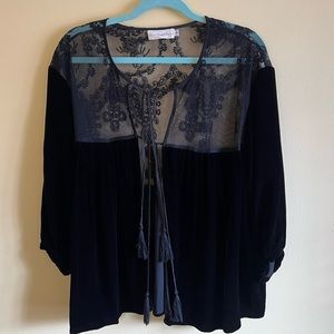 Johnny Was Black Velvet & Lace Peasant Blouse